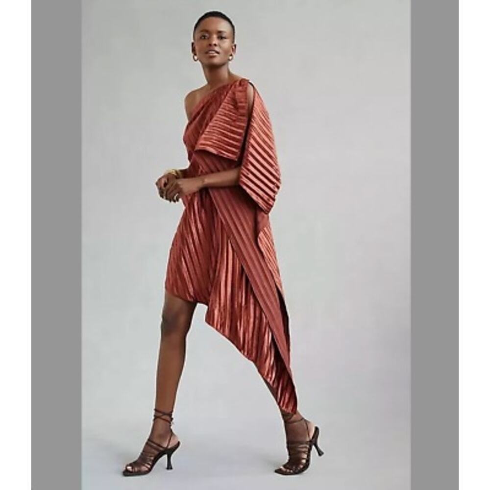 Anthropologie Guapa One-Shoulder Mini Dress Womens 2 Metallic Cocktail NWT‎